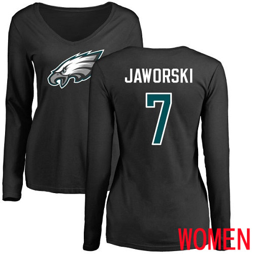 Women Philadelphia Eagles #7 Ron Jaworski Black Name and Number Logo Slim Fit Long Sleeve NFL T Shirt.->women nfl jersey->Women Jersey